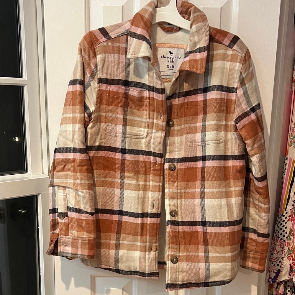 abercrombie kids Plaid Flannel Shacket - Rust, Cream & Pink